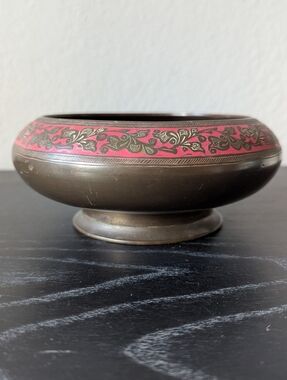 Vintage Brass Cloisonné Pedestal Bowl Etched Floral Design Pink Enamel 5.5"